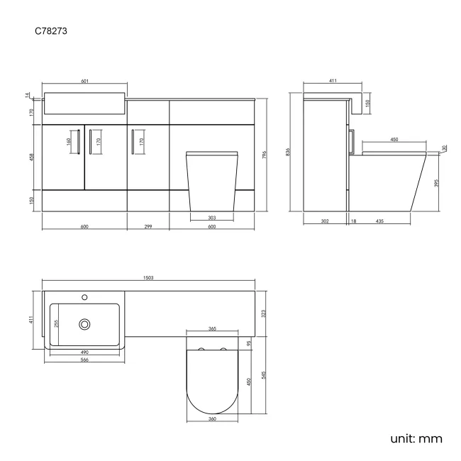 Harper Gloss White Combination Vanity Basin with Marble Top & Boston Toilet 1500mm - Black Accents