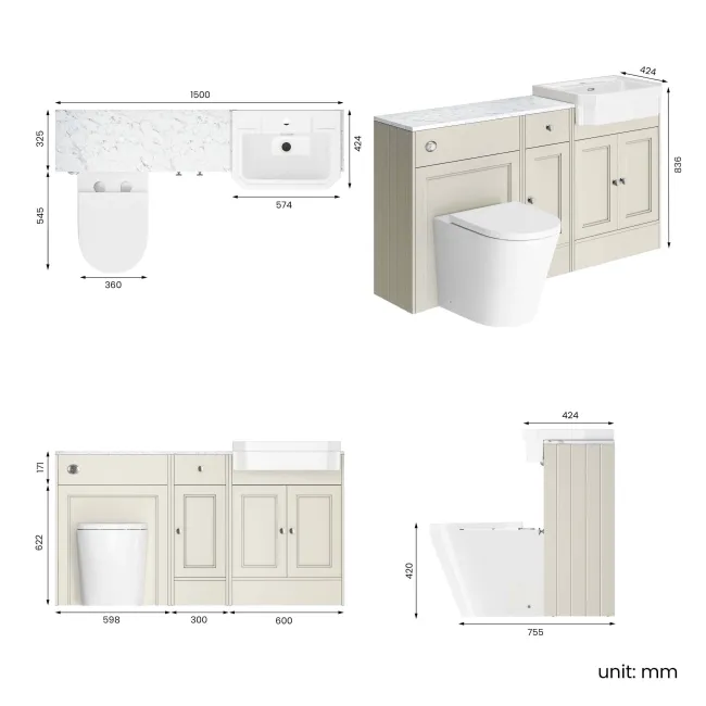Monaco Chalk White Combination Vanity Traditional Basin with Marble Top and Boston Toilet 1500mm