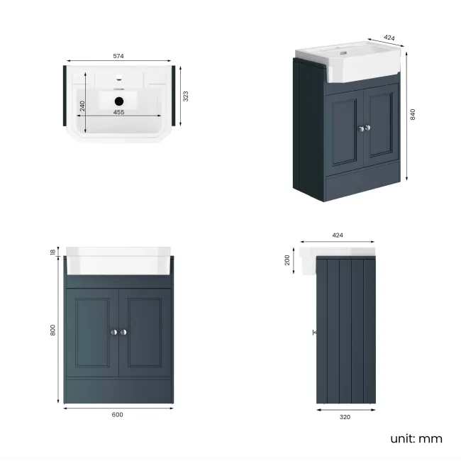 Monaco Inky Blue Traditional Basin Vanity 600mm