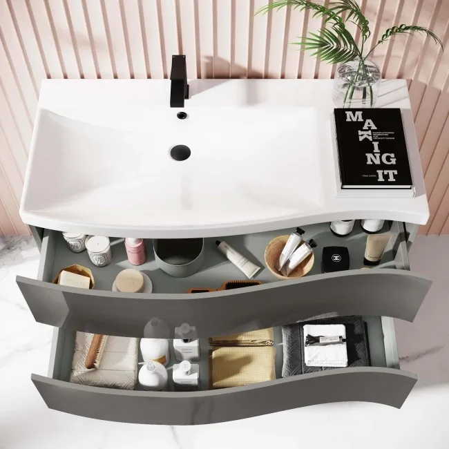 Bali Tungsten Grey Wall Hung Basin Drawer Vanity 1000mm - Left Handed