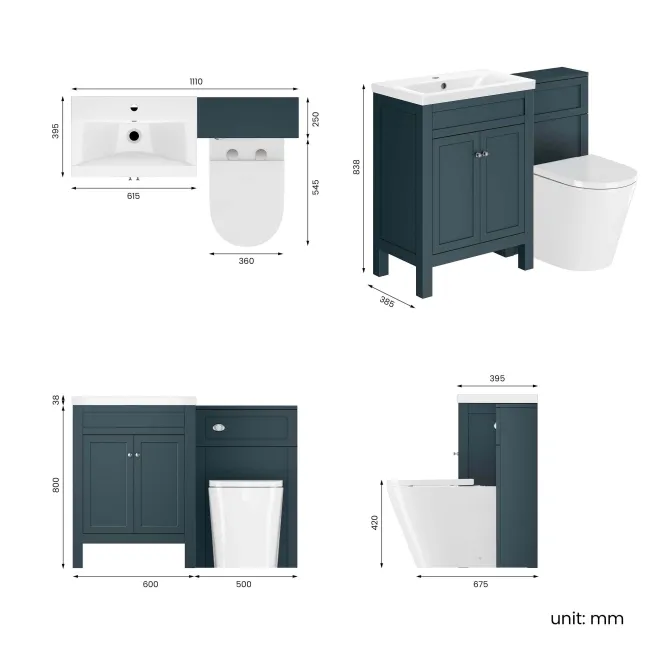 Bermuda Inky Blue Combination Vanity Basin and Boston Toilet 1100mm