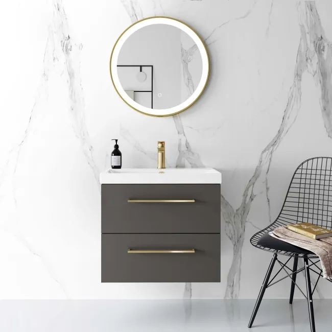 Elba Graphite Grey Wall Hung Basin Drawer Vanity 600mm - Brushed Brass Accents