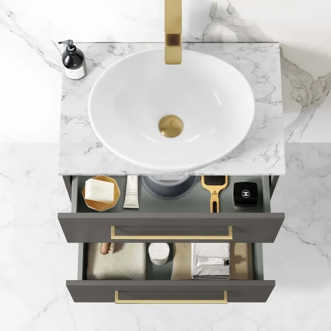 Elba Graphite Grey Wall Hung Drawer Vanity with Marble Top & Oval Counter Top Basin 600mm - Brushed Brass Accents
