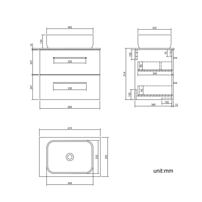 Elba Graphite Grey Wall Hung Drawer Vanity with Marble Top & Curved Counter Top Basin 600mm - Brushed Brass Accents