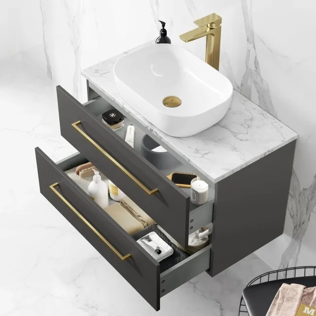 Elba Graphite Grey Wall Hung Drawer Vanity with Marble Top & Curved Counter Top Basin 800mm - Brushed Brass Accents