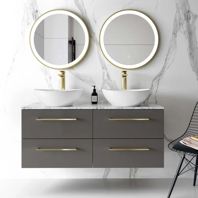 Elba Graphite Grey Double Wall Hung Drawer Vanity with Marble Top & Oval Basin 1200mm - Brushed Brass Accents