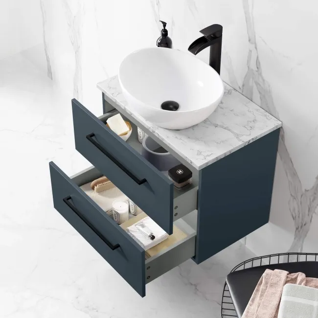 Elba Inky Blue Wall Hung Drawer Vanity with Marble Top & Oval Counter Top Basin 600mm - Black Accents