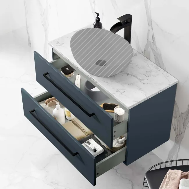 Elba Inky Blue Wall Hung Drawer 800mm Excludes Counter Top Basin - Black Accents