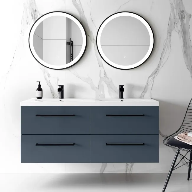 Elba Inky Blue Wall Hung Double Basin Drawer Vanity 1200mm - Black Accents