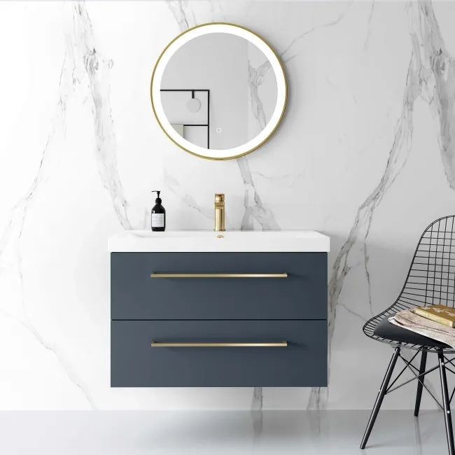 Elba Inky Blue Wall Hung Basin Drawer Vanity 800mm - Brushed Brass Accents