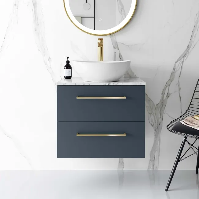 Elba Inky Blue Wall Hung Drawer Vanity with Marble Top & Oval Counter Top Basin 600mm - Brushed Brass Accents