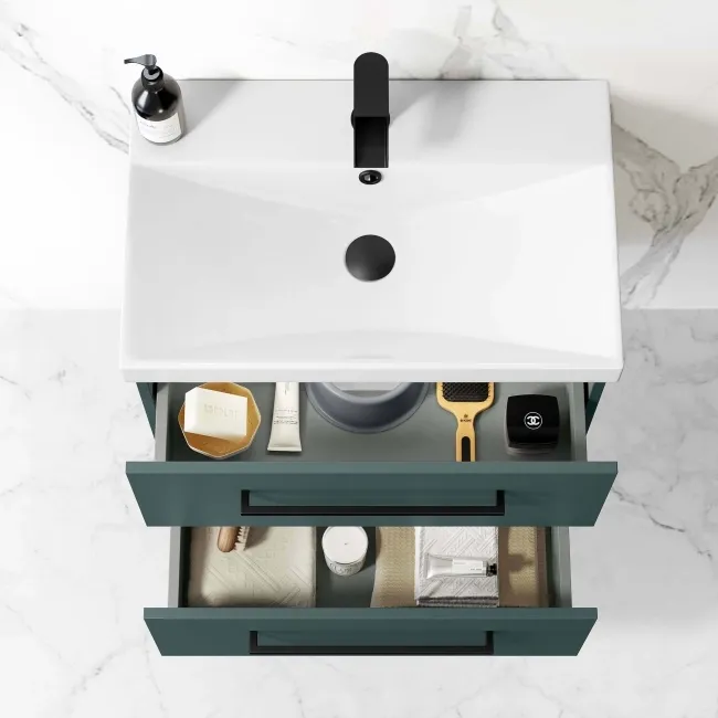 Elba Midnight Green Wall Hung Basin Drawer Vanity 600mm - Black Accents