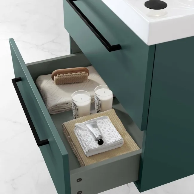 Elba Midnight Green Wall Hung Basin Drawer Vanity 600mm - Black Accents