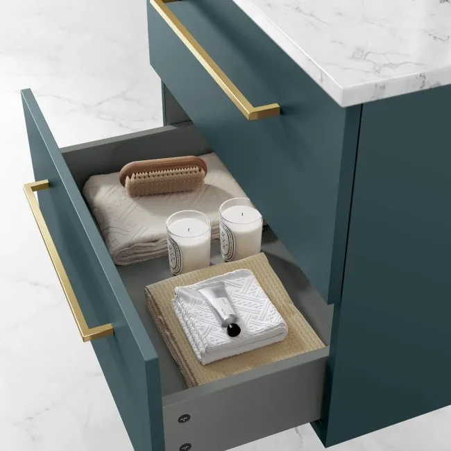 Elba Midnight Green Wall Hung Drawer Vanity with Marble Top & Oval Counter Top Basin 600mm - Brushed Brass Accents