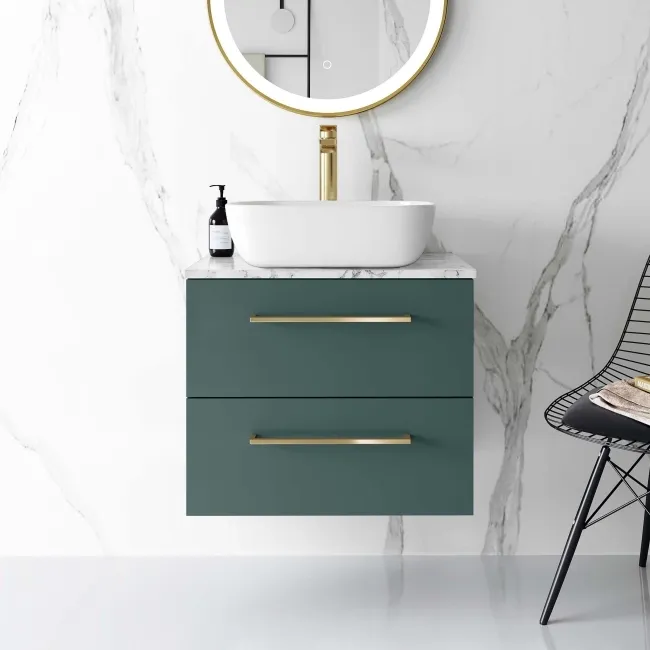 Elba Midnight Green Wall Hung Drawer Vanity with Marble Top & Curved Counter Top Basin 600mm - Brushed Brass Accents