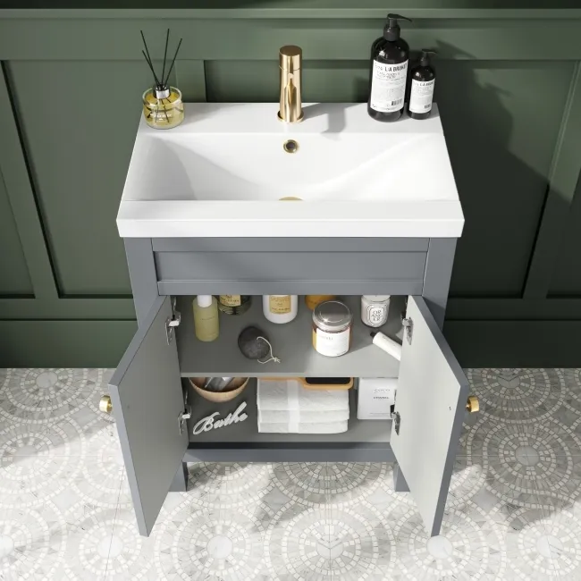 Bermuda Dove Grey Basin Vanity 600mm - Brushed Brass Accents