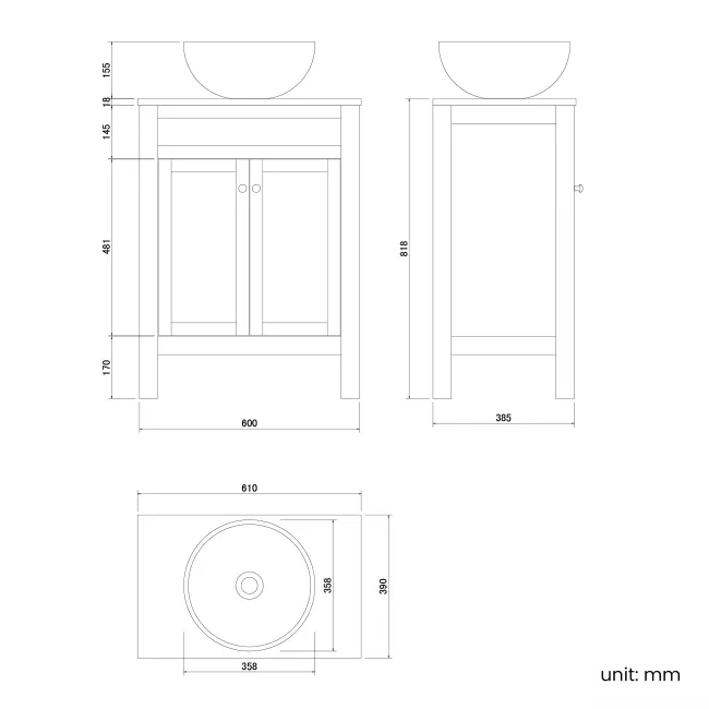 Bermuda Dove Grey Vanity with Round Counter Top Basin 600mm - Brushed Brass Accents
