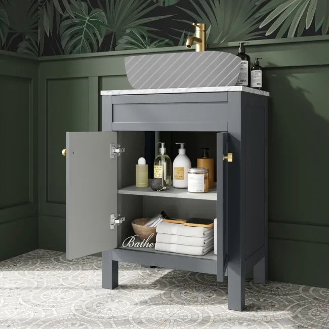 Bermuda Dove Grey Cabinet with Marble Top 600mm Excludes Counter Top Basin - Brushed Brass Accents