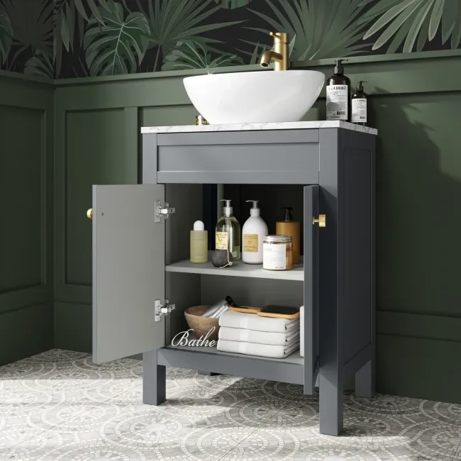 Bermuda Dove Grey Vanity with Marble Top & Oval Counter Top Basin 600mm - Brushed Brass Accents
