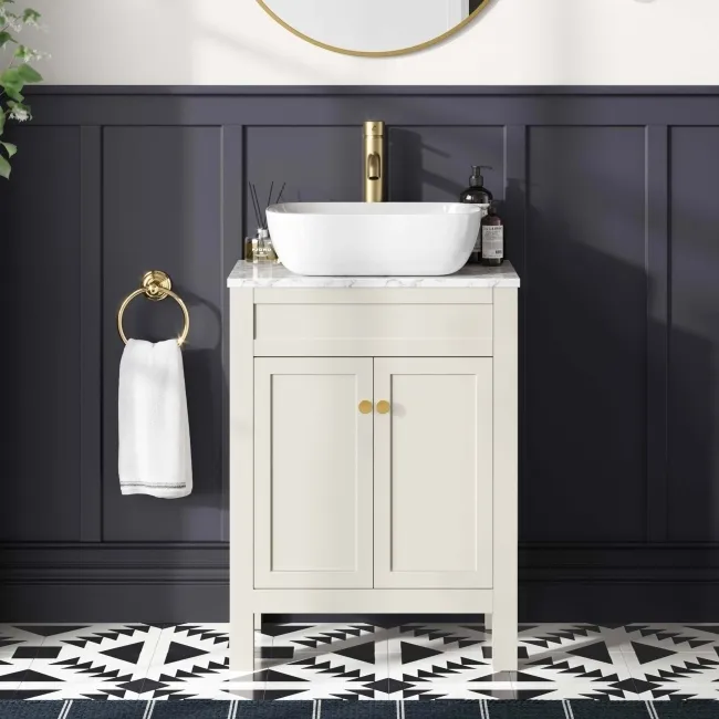Bermuda Chalk White Vanity with Marble Top & Curved Counter Top Basin 600mm - Brushed Brass Accents