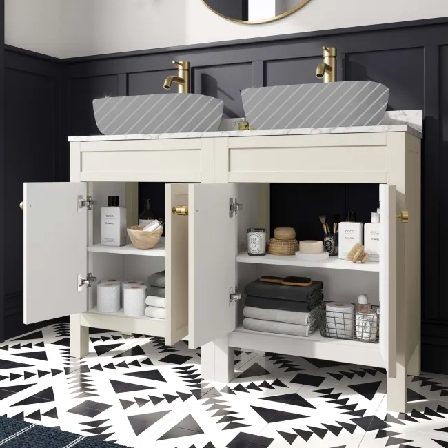 Bermuda Chalk White Cabinet with Marble Top 1200mm Excludes Counter Top Basin - Brushed Brass Accents