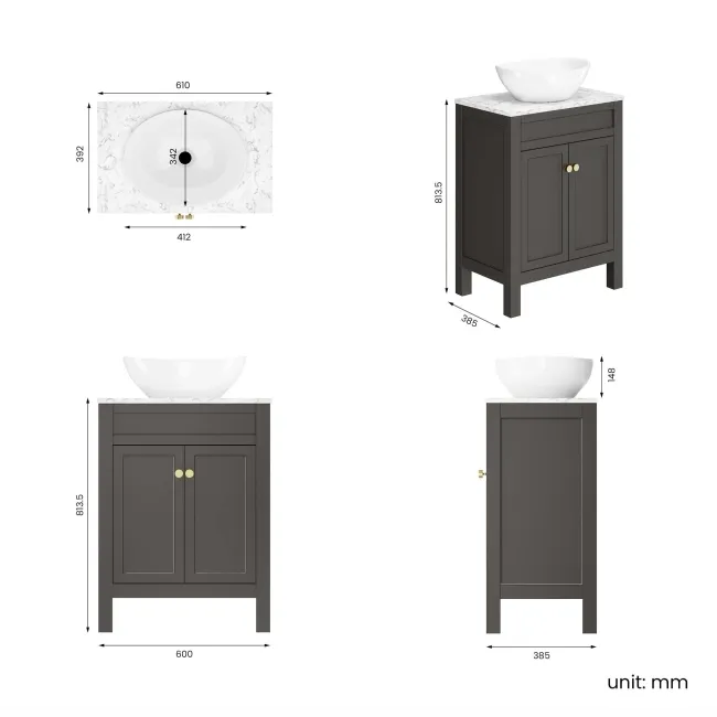 Bermuda Graphite Grey Vanity with Marble Top & Oval Counter Top Basin 600mm - Brushed Brass Accents