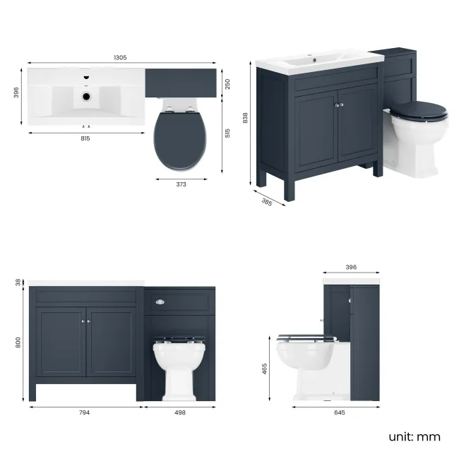 Bermuda Inky Blue Combination Vanity Basin and Hudson Toilet with Wooden Seat 1300mm