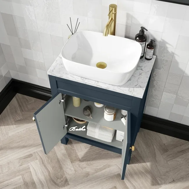 Bermuda Inky Blue Vanity with Marble Top & Curved Counter Top Basin 600mm - Brushed Brass Accents