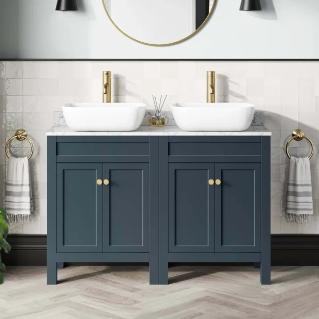 Bermuda Inky Blue Vanity with Marble Top & Curved Counter Top Basin 1200mm - Brushed Brass Accents