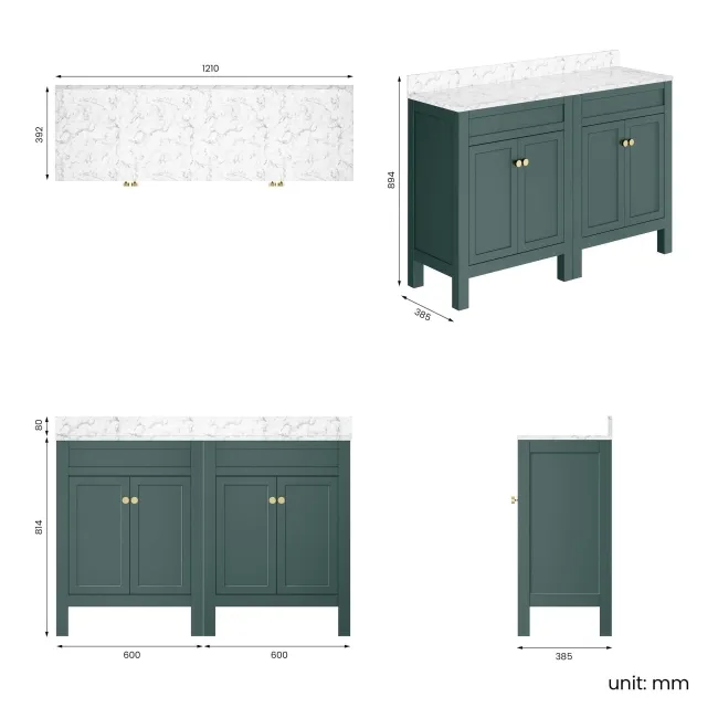Bermuda Midnight Green Cabinet with Marble Top 1200mm Excludes Counter Top Basins - Brushed Brass Accents