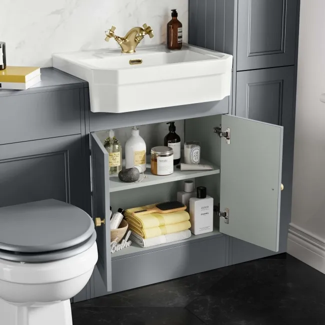 Monaco Dove Grey Traditional Basin Vanity 600mm - Brushed Brass Accents
