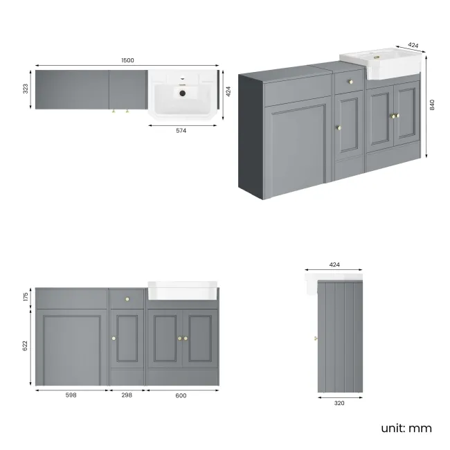 Monaco Dove Grey Combination Vanity Traditional Basin 1500mm (Excludes Pan & Cistern) - Brushed Brass Accents