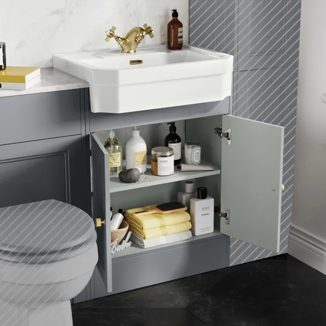 Monaco Dove Grey Combination Vanity Traditional Basin with Marble Top 1200mm (Excludes Pan & Cistern) - Brushed Brass Accents
