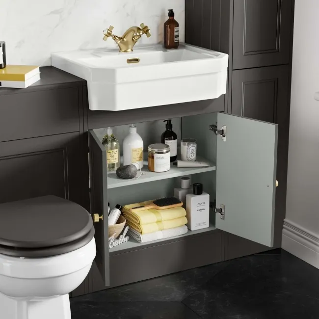 Monaco Graphite Grey Traditional Basin Vanity 600mm - Brushed Brass Accents