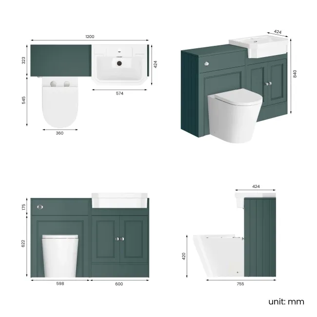 Monaco Midnight Green Combination Vanity Traditional Basin and Boston Toilet 1200mm