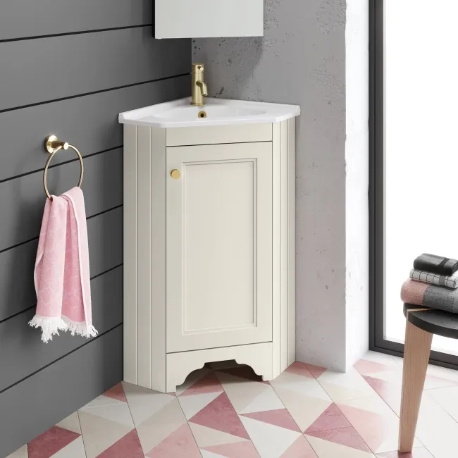 Lucia Chalk White Corner Basin Vanity 400mm - Brushed Brass Accents