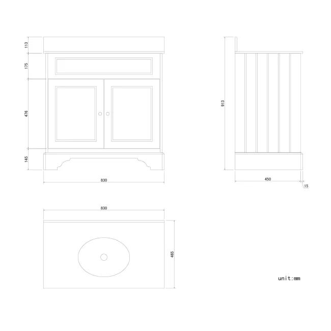 Lucia Chalk White Vanity with Marble Top & Undermount Basin 830mm - Brushed Brass Accents