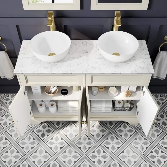 Lucia Chalk White Double Vanity with Marble Top & Round Counter Top Basin 1200mm - Brushed Brass Accents