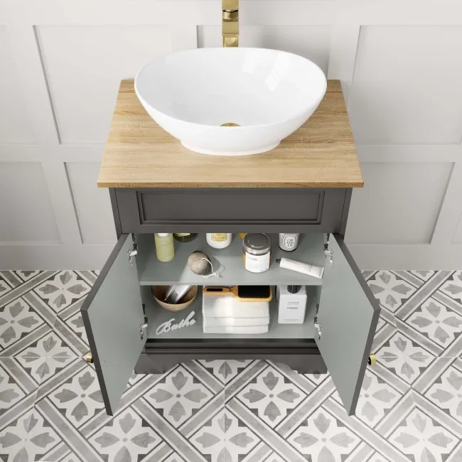 Lucia Graphite Grey Vanity with Oak Effect Top & Oval Counter Top Basin 640mm - Brushed Brass Accents
