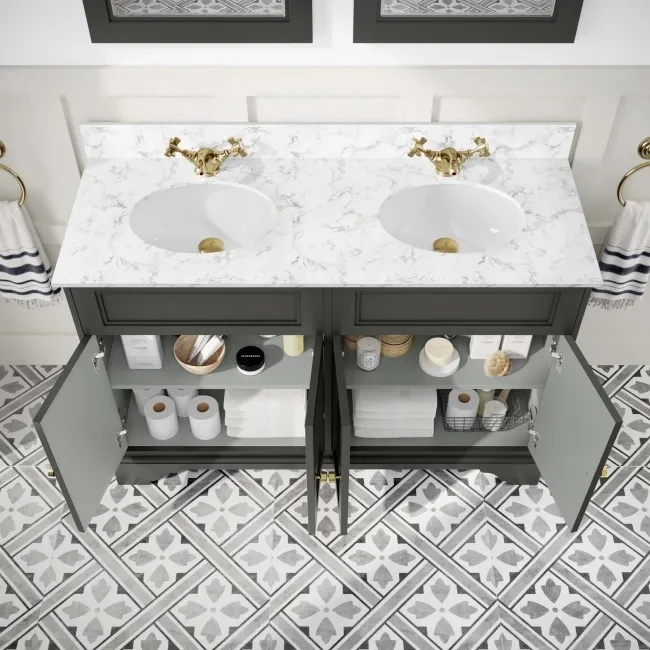 Lucia Graphite Grey Double Vanity with Marble Top & Undermount Basins 1200mm - Brushed Brass Accents