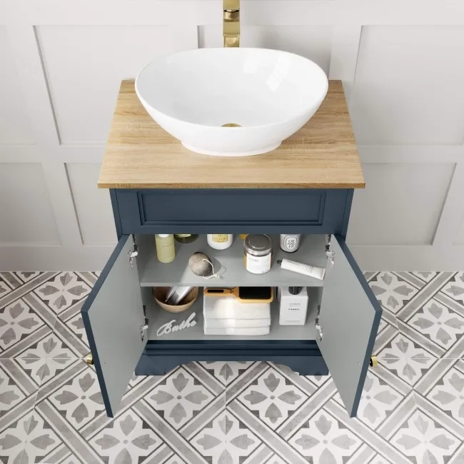 Lucia Inky Blue Vanity with Oak Effect Top & Oval Counter Top Basin 640mm - Brushed Brass Accents