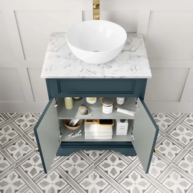 Lucia Inky Blue Vanity with Marble Top & Round Counter Top Basin 640mm - Brushed Brass Accents