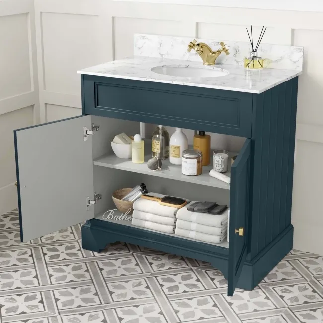 Lucia Inky Blue Vanity with Marble Top & Undermount Basin 830mm - Brushed Brass Accents