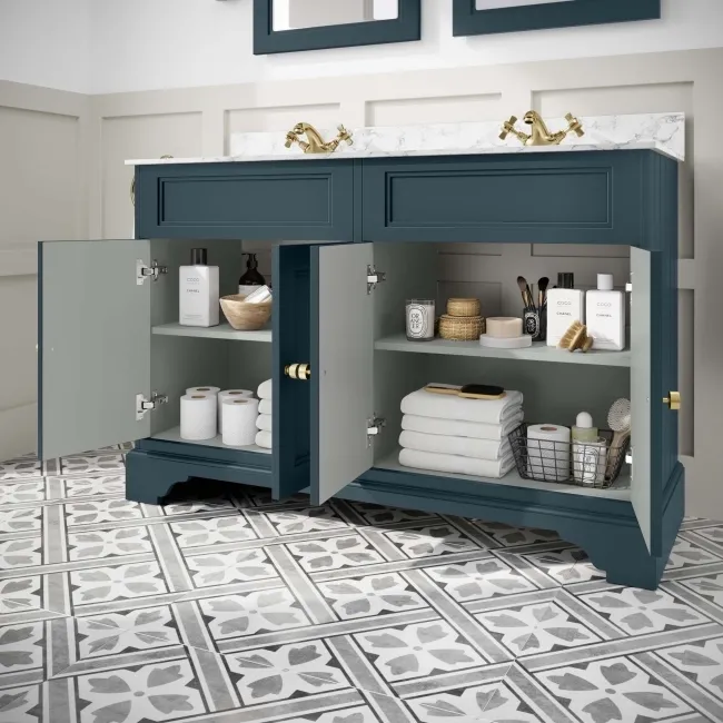 Lucia Inky Blue Double Vanity with Marble Top & Undermount Basins 1200mm - Brushed Brass Accents