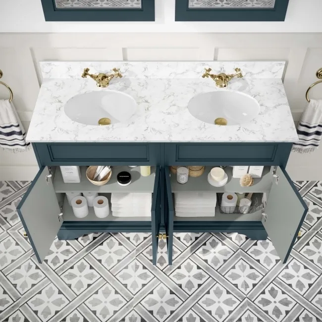 Lucia Inky Blue Double Vanity with Marble Top & Undermount Basins 1200mm - Brushed Brass Accents
