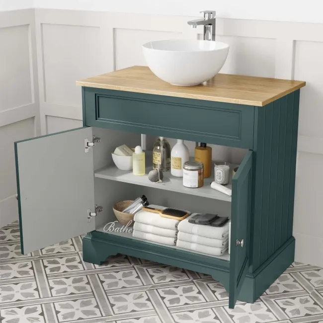 Lucia Midnight Green Vanity with Oak Effect Top & Round Counter Top Basin 840mm