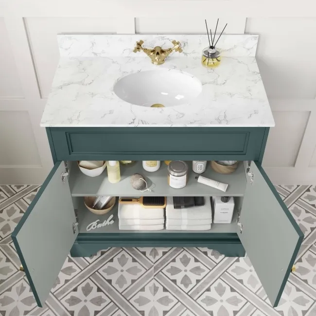 Lucia Midnight Green Vanity with Marble Top & Undermount Basin 830mm - Brushed Brass Accents