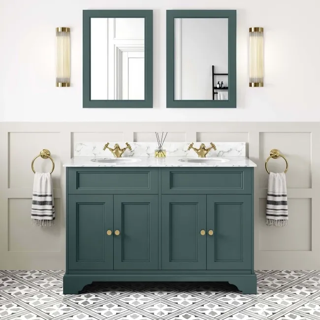 Lucia Midnight Green Double Vanity with Marble Top & Undermount Basins 1200mm - Brushed Brass Accents