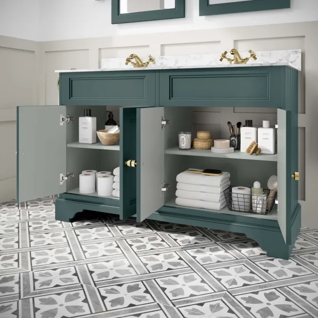 Lucia Midnight Green Double Vanity with Marble Top & Undermount Basins 1200mm - Brushed Brass Accents