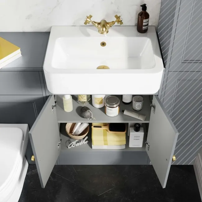 Monaco Dove Grey Combination Vanity Basin and Seattle Toilet 1200mm - Brushed Brass Accents